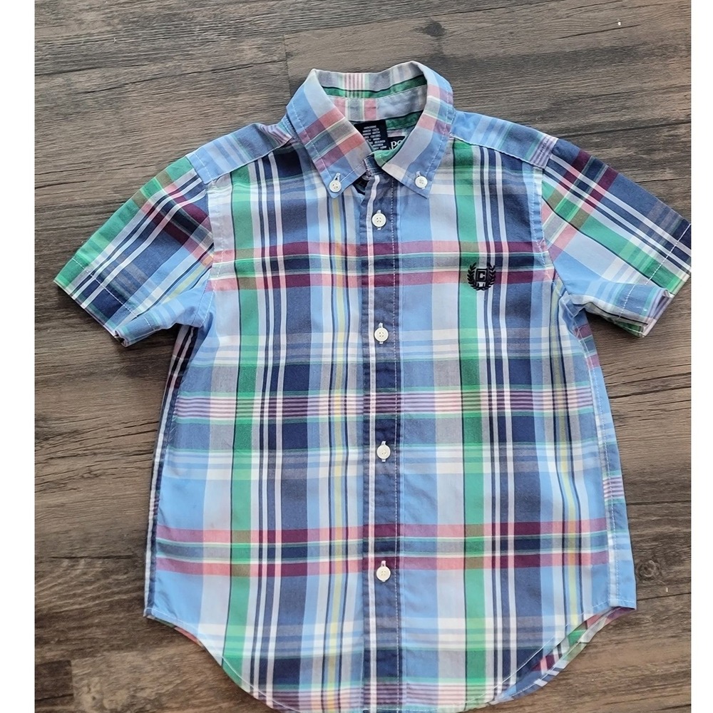 Chaps Boys Blue Green Plaid Short Sleeve Button Down Shirt Size 3T Easy Care